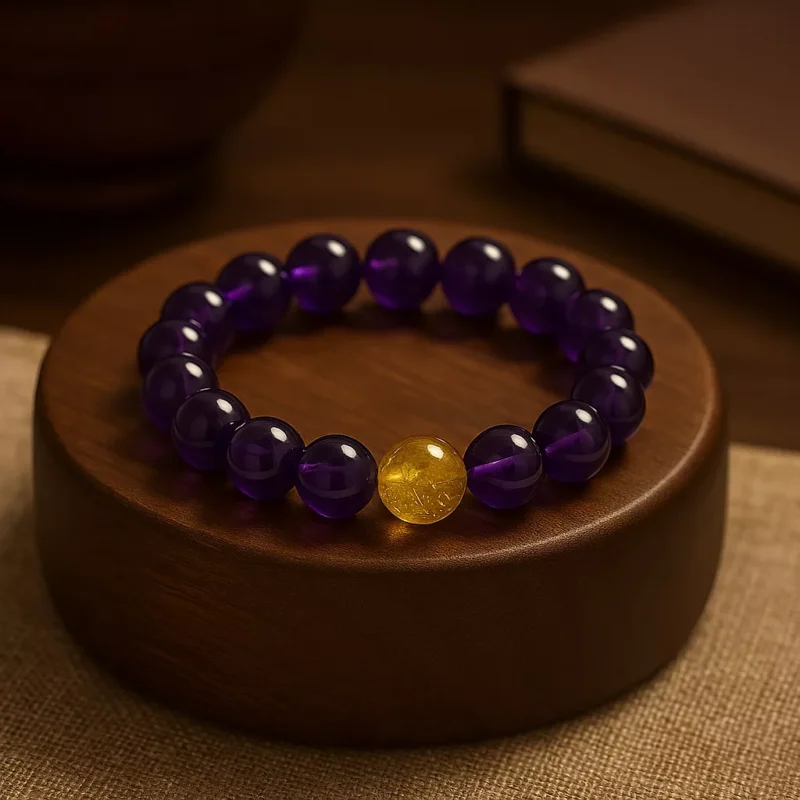 A beaded bracelet made of amethyst and golden rutilated quartz, arranged in a circle on a soft neutral background. The purple and gold tones reflect spiritual wisdom and abundance, ideal for Bazi energy alignment and personal empowerment.