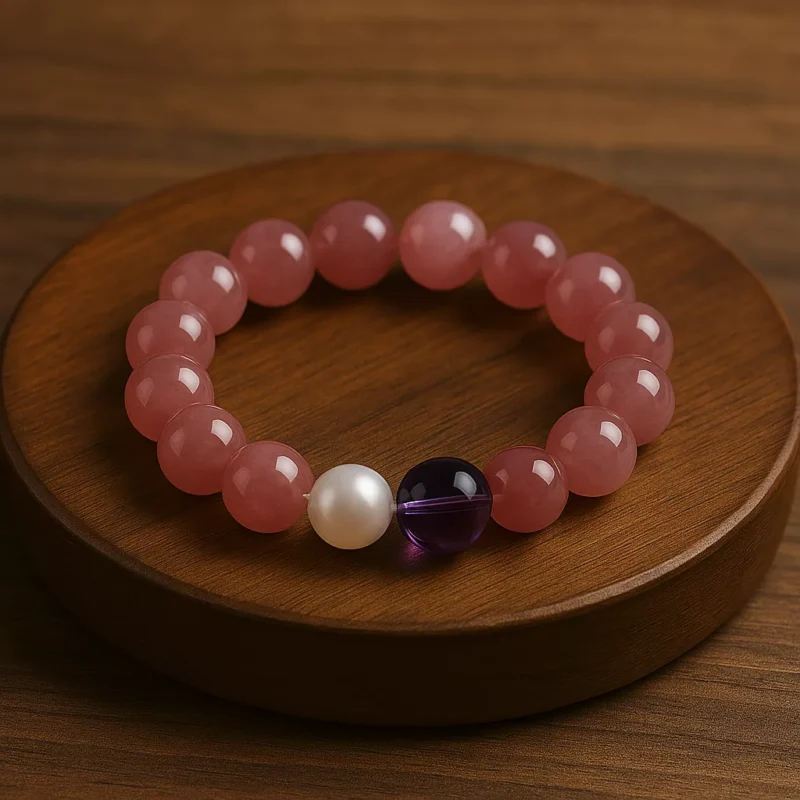 A pink strawberry quartz bracelet made with 10mm round beads, designed to attract love and amplify charisma. The bracelet is infused with Taoist energy and features a soft glow that symbolizes emotional balance and romantic energy.