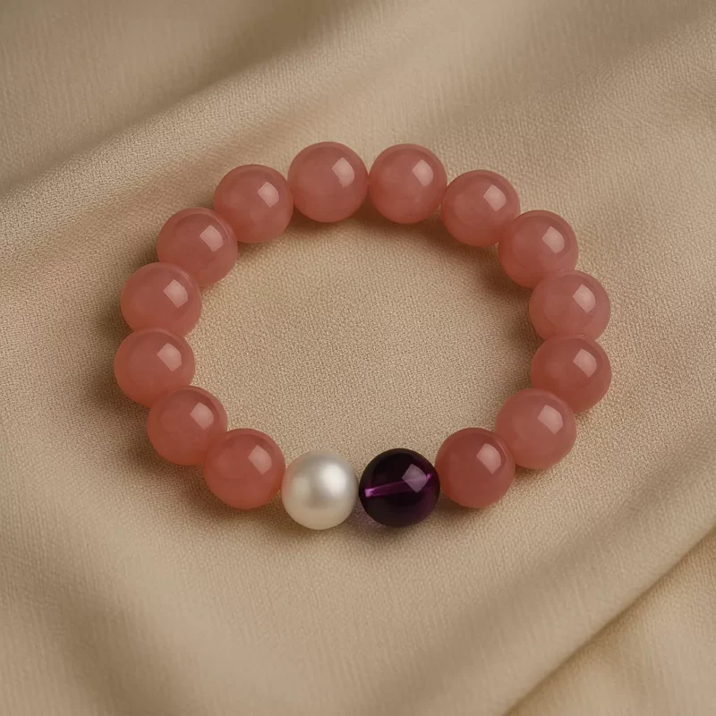 A pink strawberry quartz bracelet made with 10mm round beads, designed to attract love and amplify charisma. The bracelet is infused with Taoist energy and features a soft glow that symbolizes emotional balance and romantic energy.