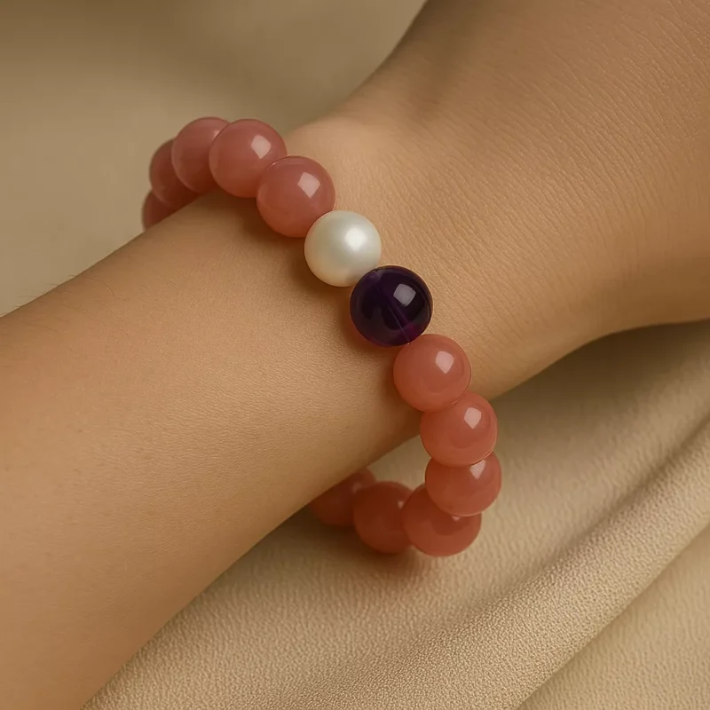 A pink strawberry quartz bracelet made with 10mm round beads, designed to attract love and amplify charisma. The bracelet is infused with Taoist energy and features a soft glow that symbolizes emotional balance and romantic energy.