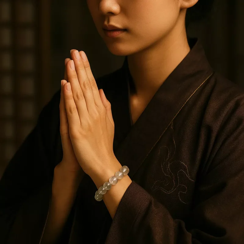 A woman in a darker Taoist robe with golden textures, hands joined in meditation, wearing a refined crystal bracelet with gold accents.