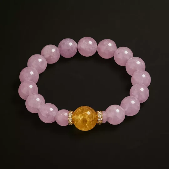 Amethyst, Citrine, and White Azeztulite bracelet designed for harmony and relationship growth.