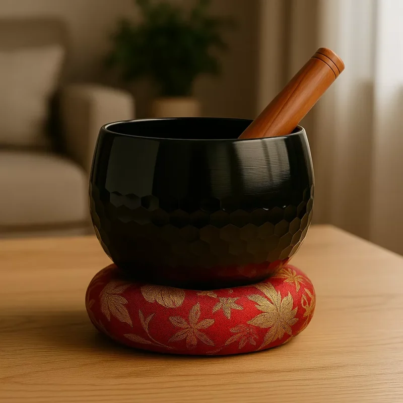A handcrafted Taoist Copper Qing resting on a wooden surface with soft lighting, accompanied by a wooden striker and cushion. Used for meditation, energy cleansing, and sound healing.