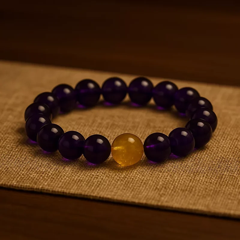 A beaded bracelet made of amethyst and golden rutilated quartz, arranged in a circle on a soft neutral background. The purple and gold tones reflect spiritual wisdom and abundance, ideal for Bazi energy alignment and personal empowerment.