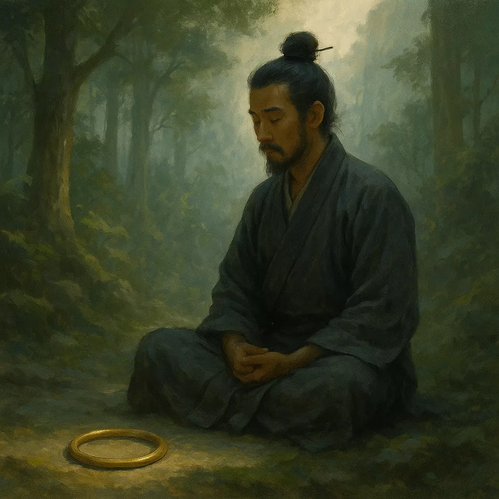 A Taoist sage meditating in a misty forest with a golden Qiankun Ring resting on the ground nearby