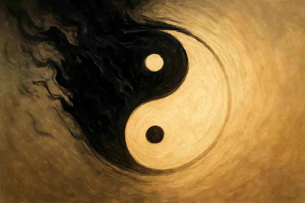 A partially corrupted Yin-Yang symbol with dark energy eating away at one side, representing energetic imbalance