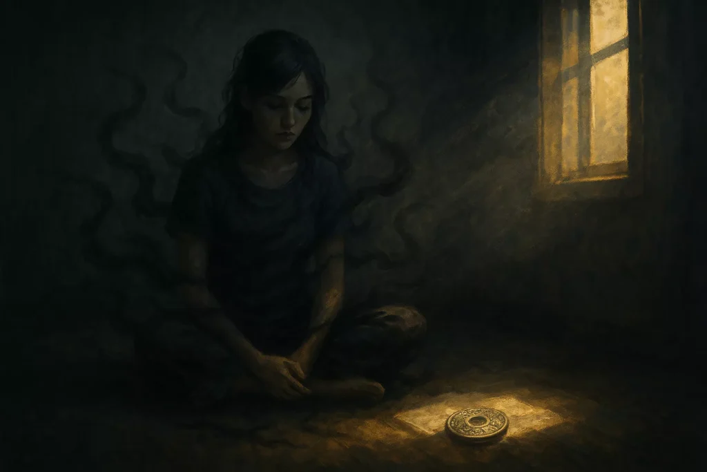 A woman sits cross-legged in a dim room with black mist swirling around her, faint sunlight entering through a window crack

