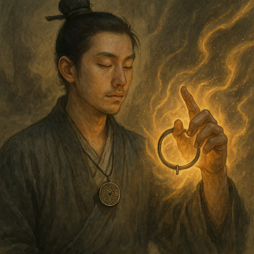 A young Taoist priest with closed eyes holds a glowing Shan Gui pendant during a ritual, golden energy swirling around his hand