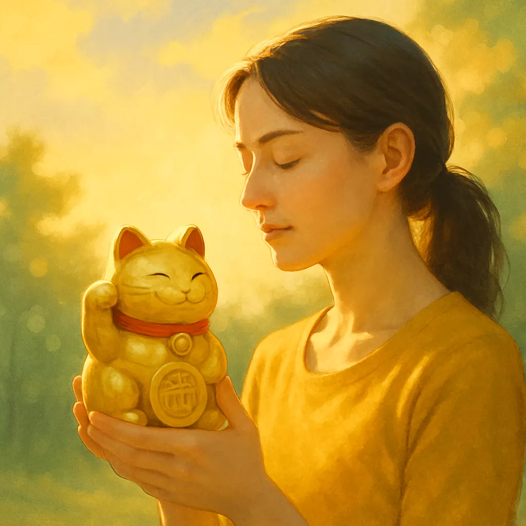 A woman holds a golden Maneki-Neko figurine under sunlight with a calm, grateful expression
