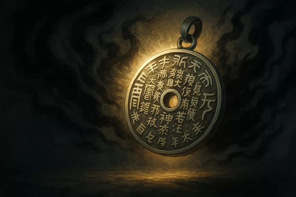 A glowing ancient silver Shan Gui coin pendant radiates protective light against surrounding dark energy