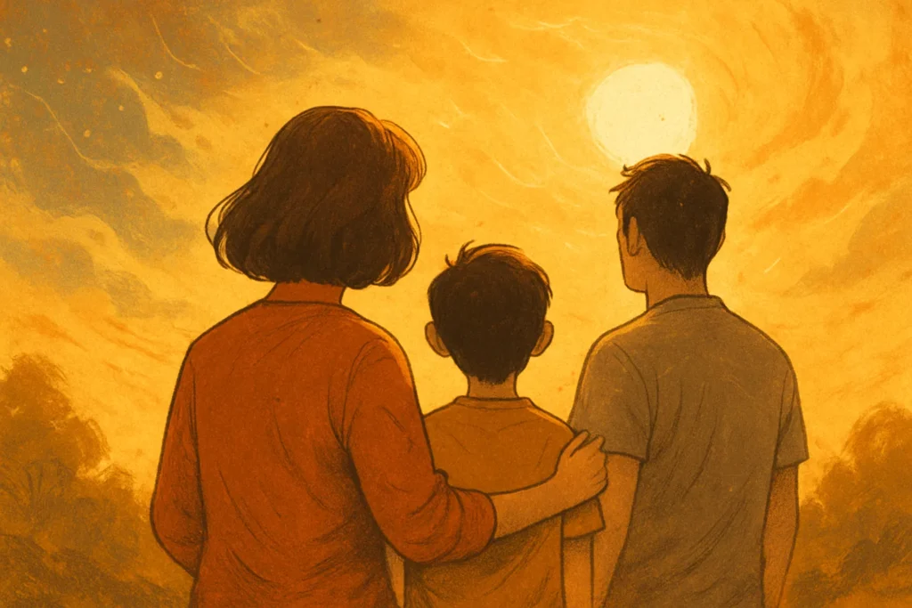 Back view of a family walking hand-in-hand under warm sunlight, symbolizing spiritual recovery and protection