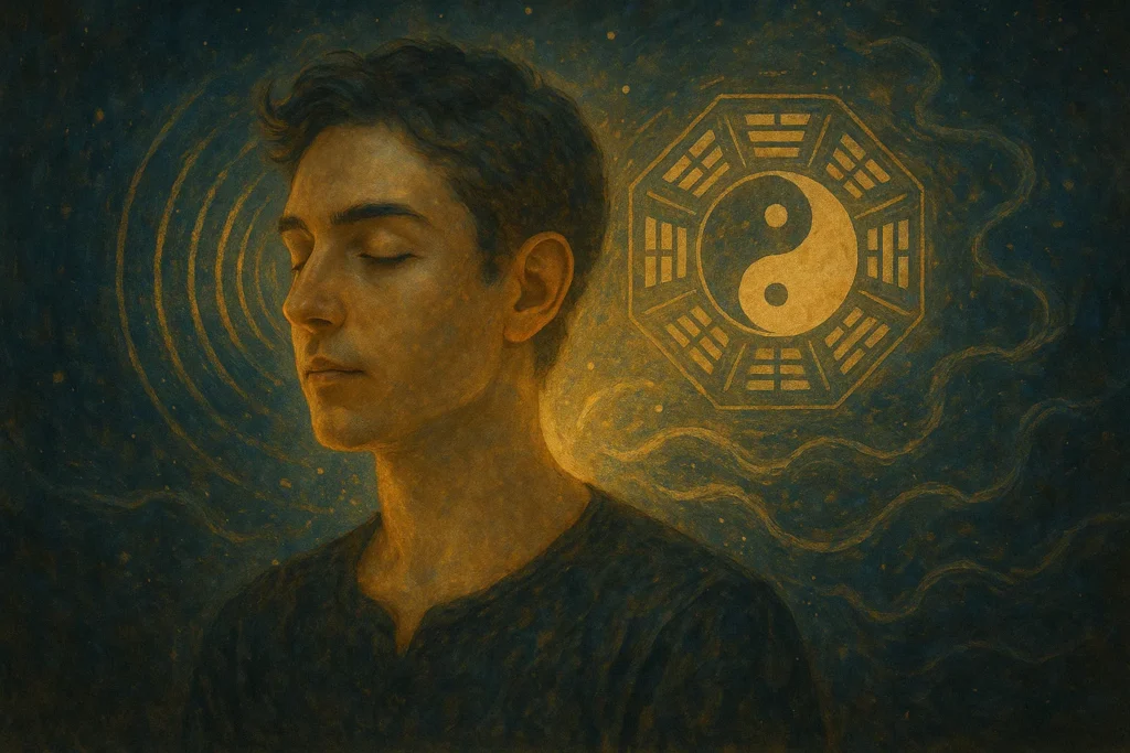 A meditating man with golden energy waves near his ears and a Bagua symbol behind him, illustrating enhanced spiritual sensitivity