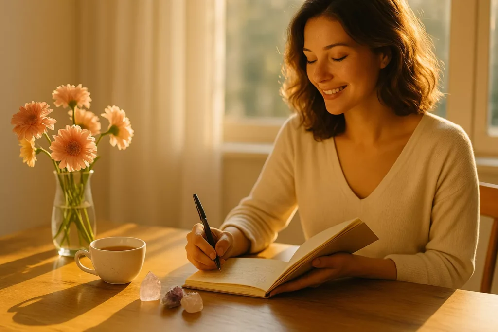 A person journaling in warm morning sunlight, surrounded by crystals, tea, and flowers, representing a Taoist-inspired daily luck ritual.