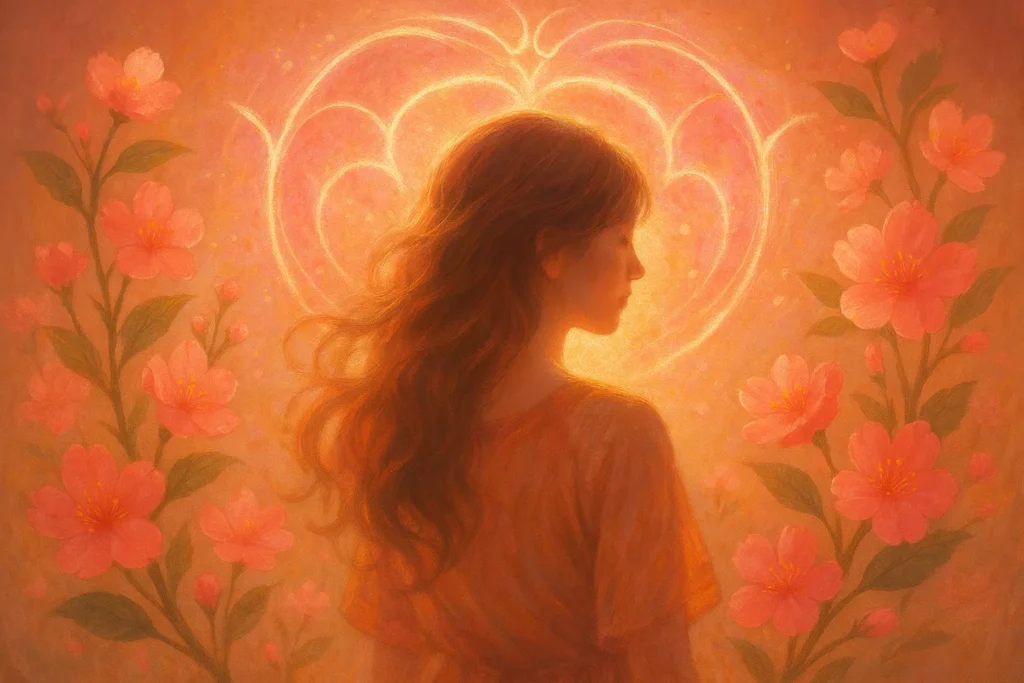 A mystical peach blossom energy field in soft pink and gold tones, styled as a Taoist luck-attracting phone wallpaper.