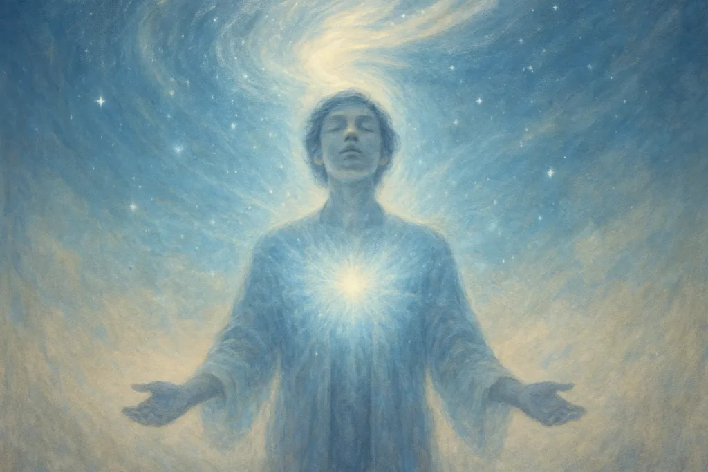 A serene figure with heart open, standing in a cosmic energy vortex of white and blue light, symbolizing Taoist energy flow and openness.