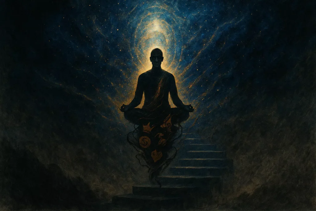 Meditating silhouette ascends through cosmic stairs, shedding symbols of material attachment, surrounded by golden and deep blue energy