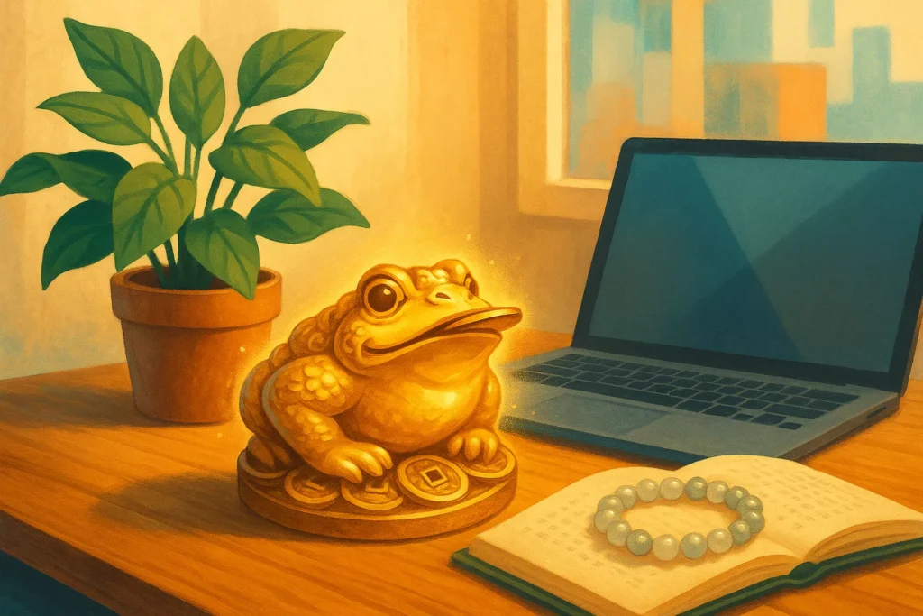 A golden toad figurine on a modern desk with a laptop and green plant, lit by warm daylight