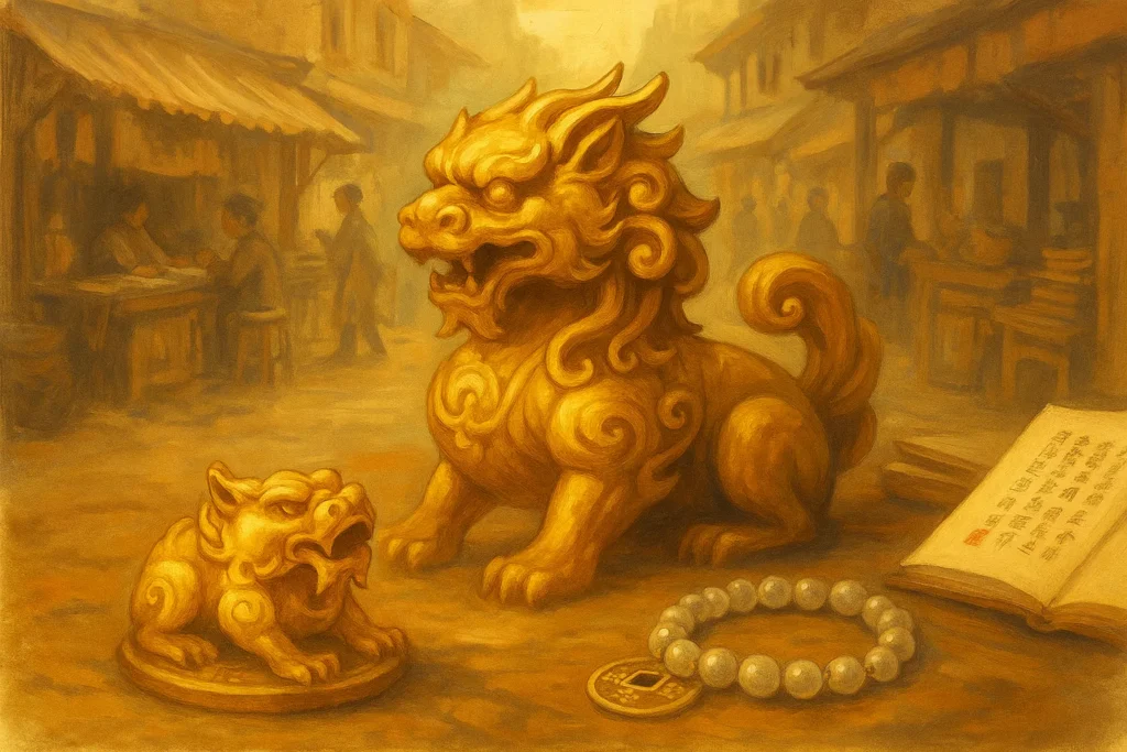A golden Pixiu statue sits on a table with an ancient Chinese marketplace in the background
