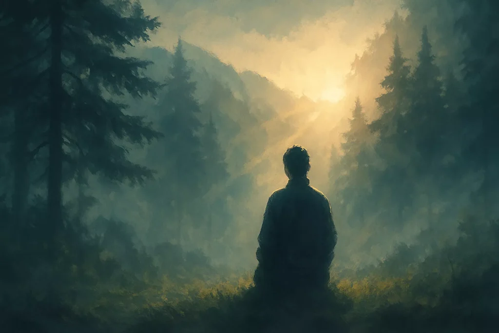 A lone figure sits in mountain morning light, facing misty hills with sunlight streaming through trees