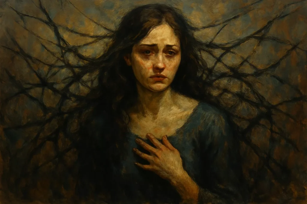 A woman stands in emotional turmoil, surrounded by black energy threads representing emotional entanglement.