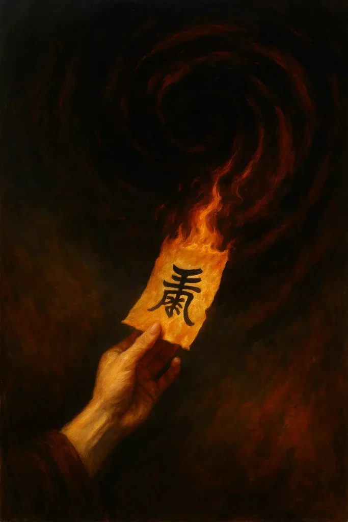 A hand offers a burning Taoist talisman into a swirling dark energy field, representing a curse exchange.