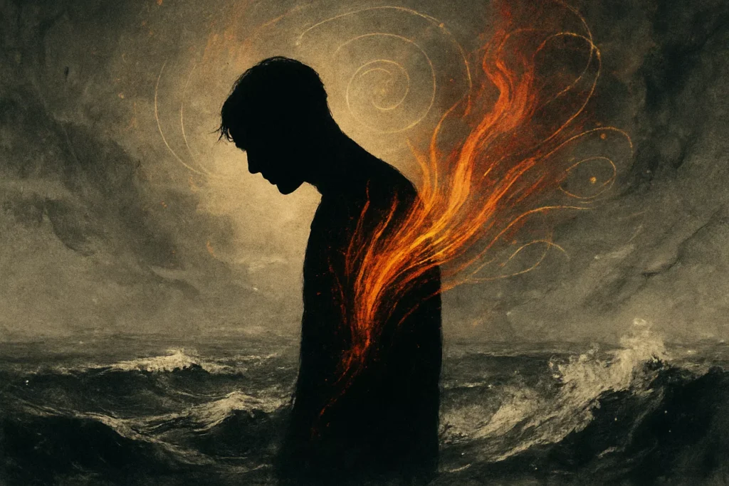 A silhouette stands in a stormy sea with fiery energy bursting from the chest, symbolizing emotional intensity during spiritual awakening