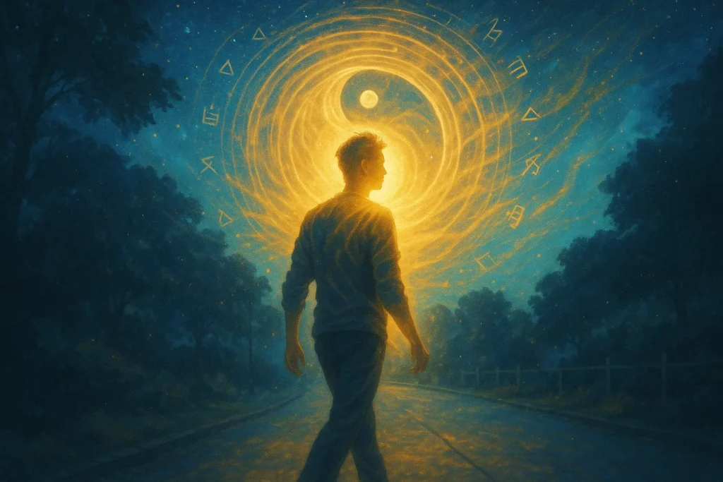 A young man bathed in golden light walks through a quiet path under a cosmic sky, symbolizing sudden spiritual awakening