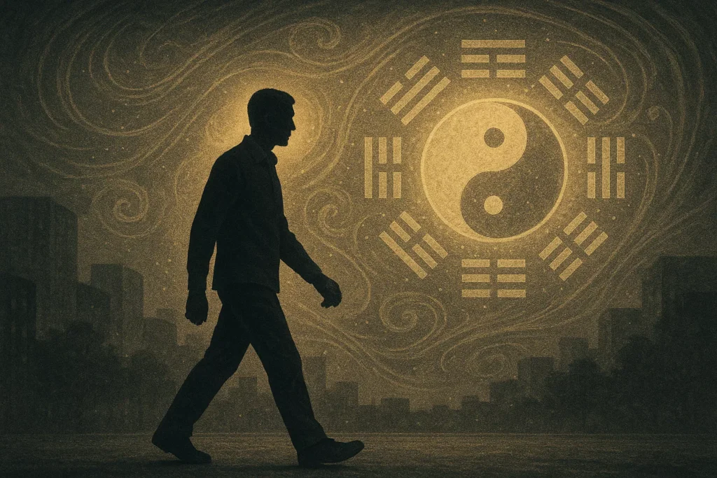Silhouette of a man walking through a city with a glowing Taoist symbol behind him, representing hidden enlightened presence