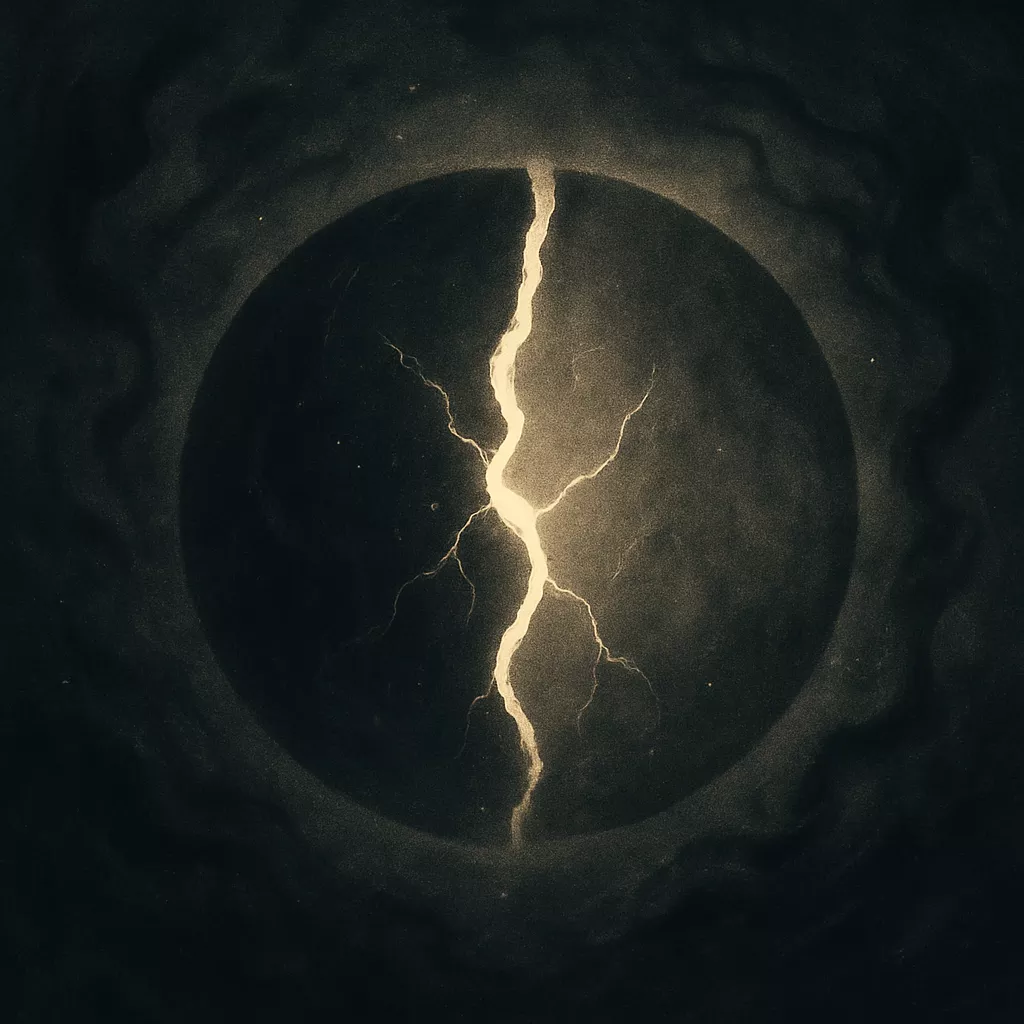 Abstract illustration of a cracked energy field with flowing dark currents at the edges Description：