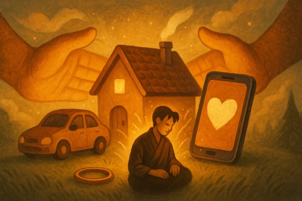 A peaceful figure sitting in a sunlit forest with a soft golden glow, symbolizing spiritual recovery