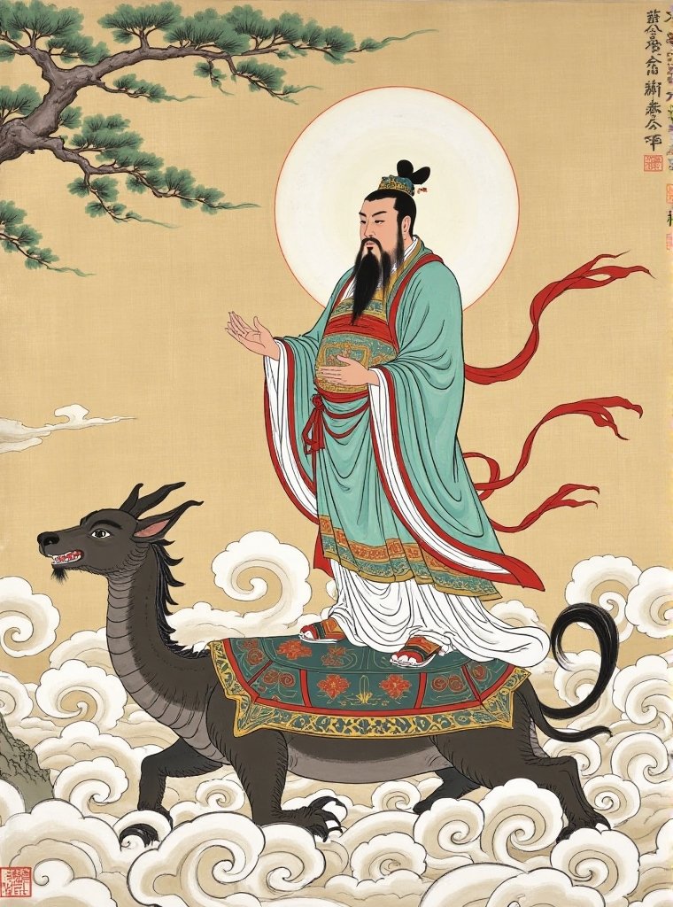 Taoist astrologer meditating in mountains, representing spiritual liberation from