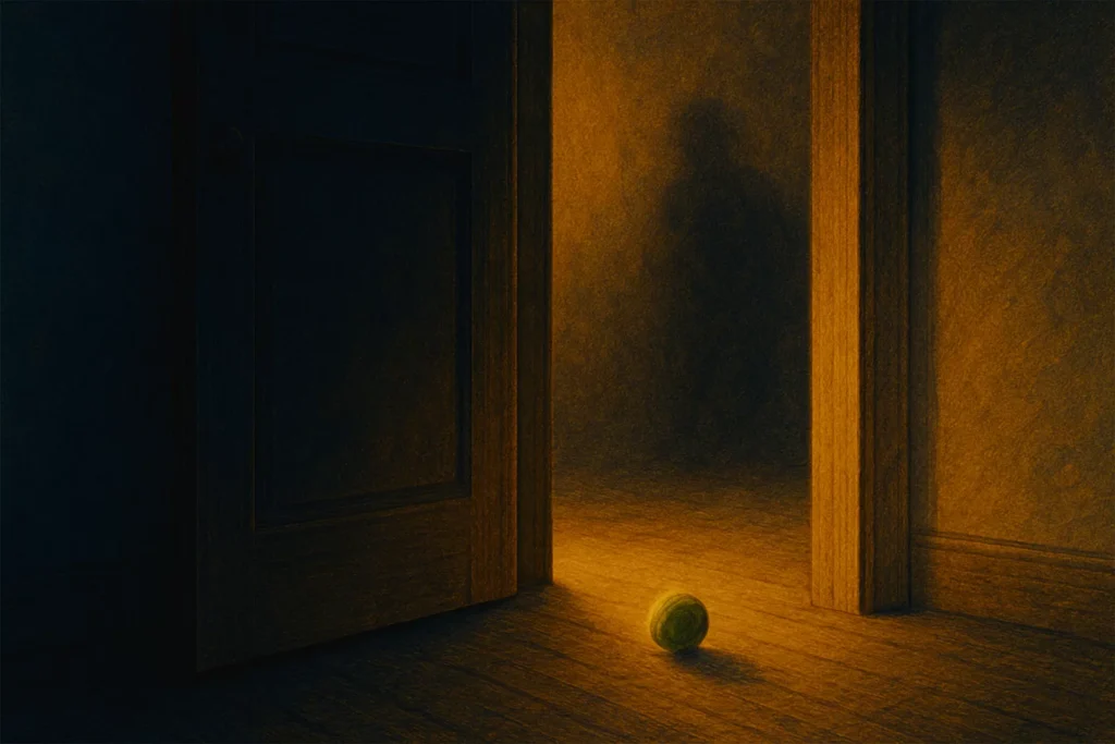 A dog stares into an empty hallway holding a tennis ball in its mouth, symbolizing a ghostly presence and spiritual confusion.
