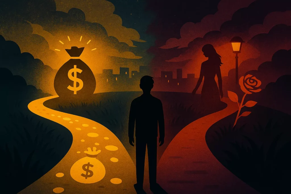 A lone man standing at a crossroads, one path glowing with gold coins, the other with a silhouette of a woman.