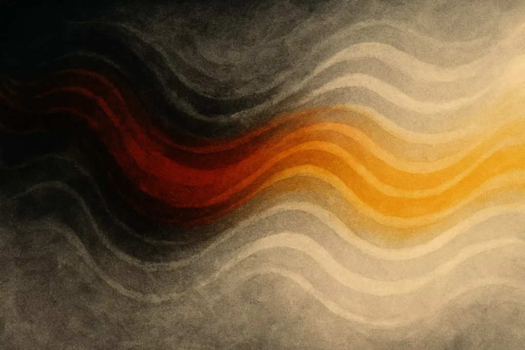 Abstract waves of sound in hues of red, gold, and white ripple across a dark background
