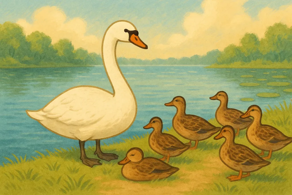 A swan standing near a pond among ducks, looking in a different direction under soft sunlight.