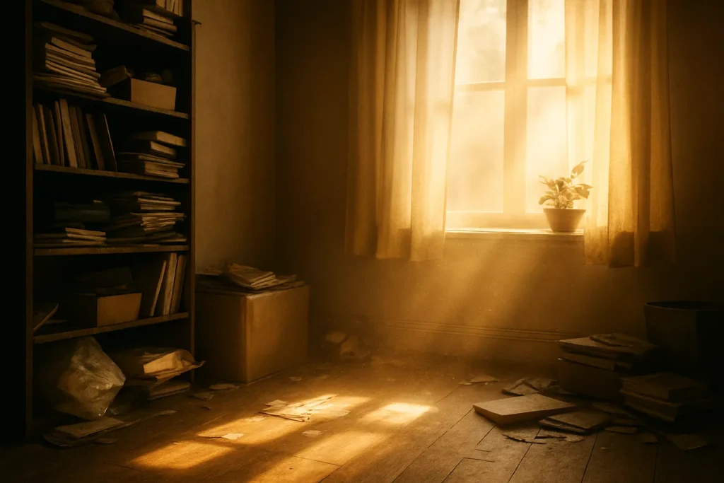 A woman sits quietly by the window with sunlight streaming in, symbolizing emotional collapse and spiritual reflection.