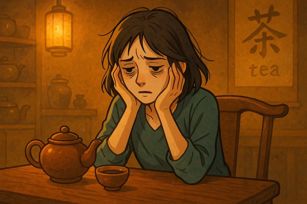 A woman sitting in a dim teahouse, eyes tired, hands shaking over a cup, symbolizing energetic and digestive imbalance.