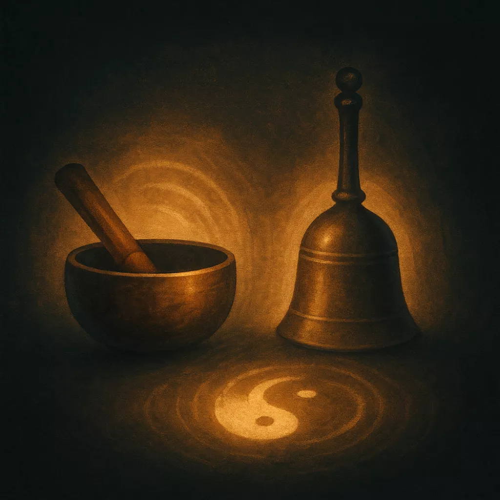 A softly glowing ritual bell and Tibetan bowl placed on a dark background, radiating warm and cool light