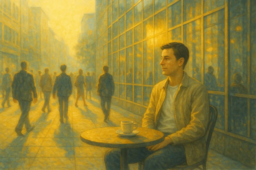 A person sitting alone in a luxurious coffee shop, calm and observant, surrounded by successful professionals.