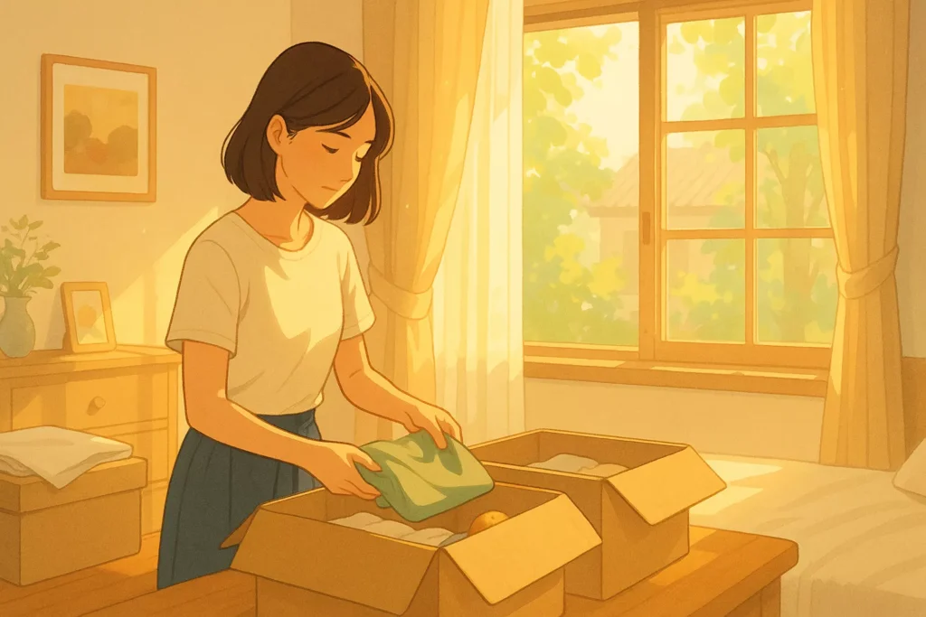 A woman gently letting go of old belongings in a soft-lit room, symbolic of emotional and energetic cleansing.
