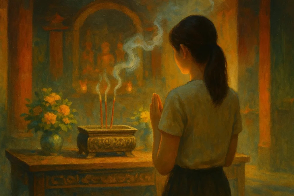 A young woman alone in her room at night, a faint figure visible beside her bed while she looks exhausted.