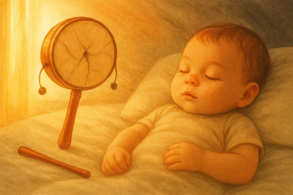 A traditional rattle sways gently in sunlight beside a sleeping baby