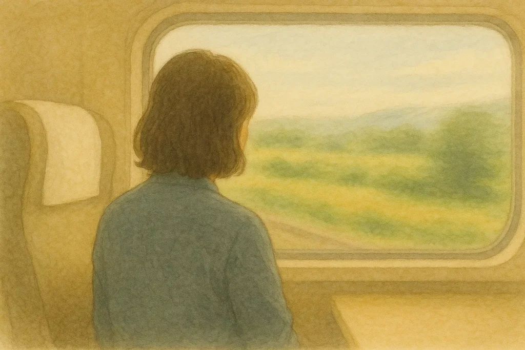 A thoughtful woman on a high-speed train gazing out the window, reflecting on the conflict between personal passion and practical talent.
