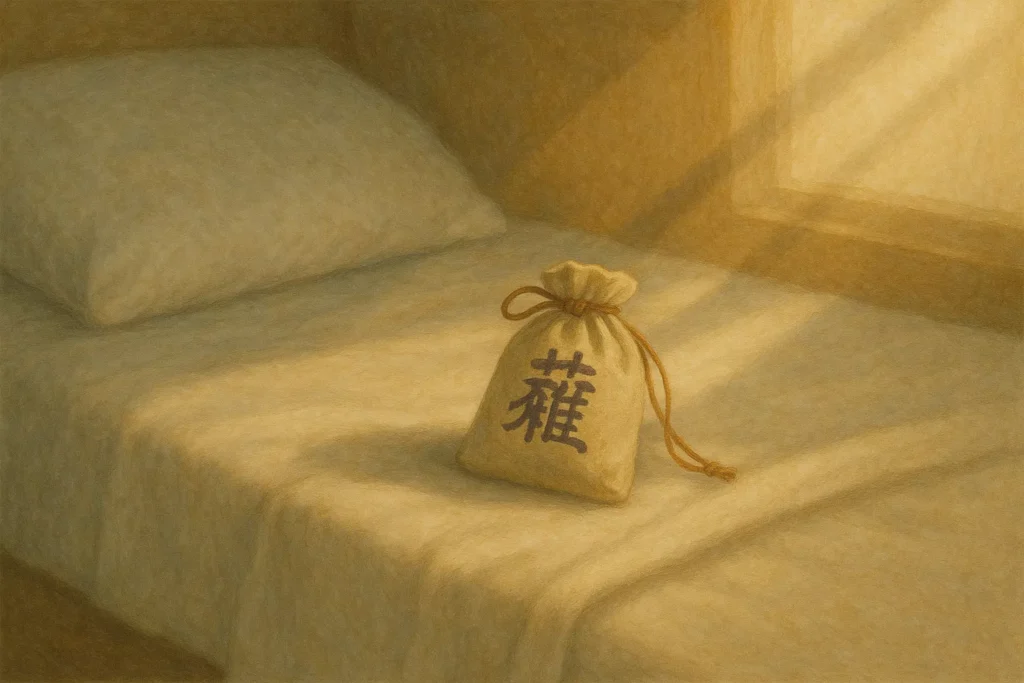 A shadowy figure near a bed with stones hidden underneath, symbolizing spiritual disturbance and hidden energy traps.