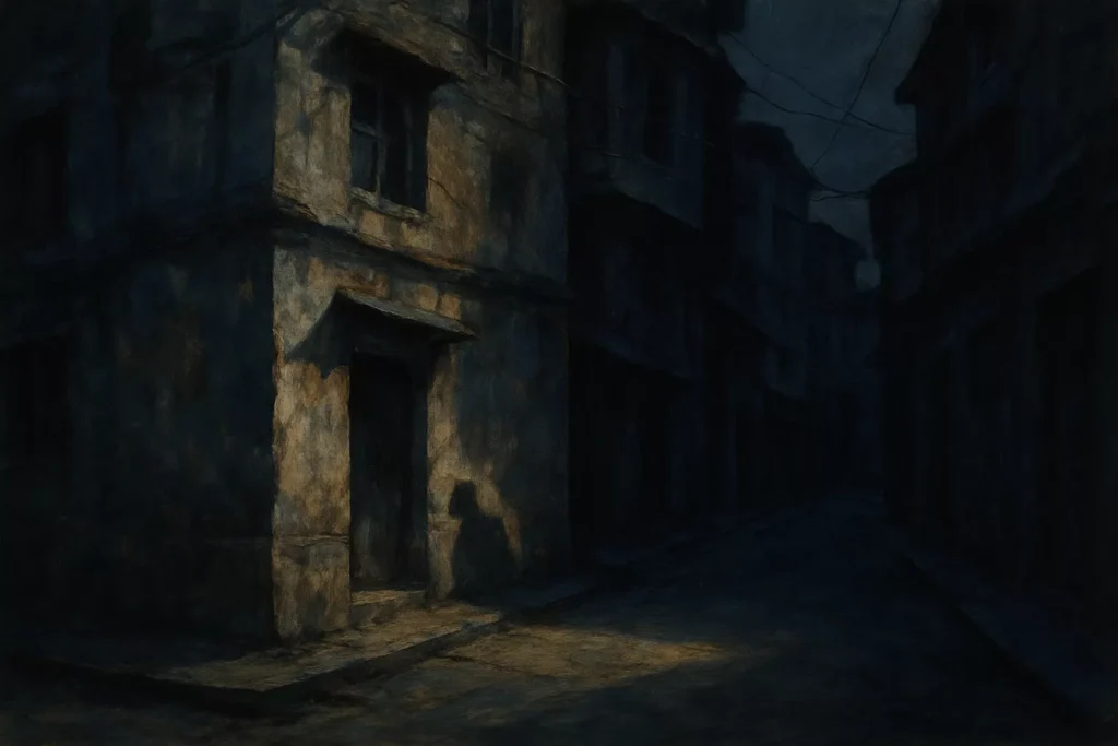 A shadowy figure near a bed with stones hidden underneath, symbolizing spiritual disturbance and hidden energy traps.