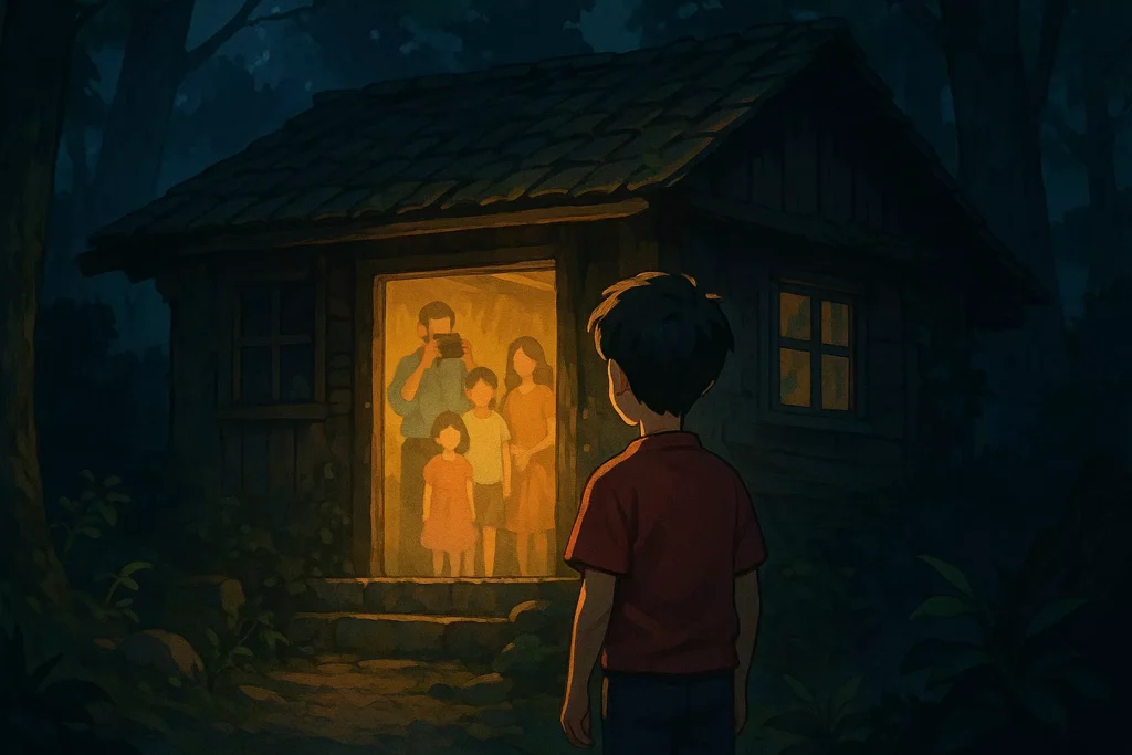 A young boy in a dark hallway, looking at a faded photo of a family — one of whom is himself as a baby.