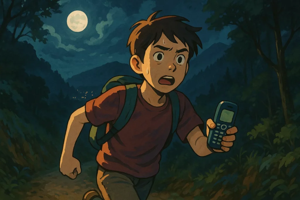 A young boy in a dark hallway, looking at a faded photo of a family — one of whom is himself as a baby.