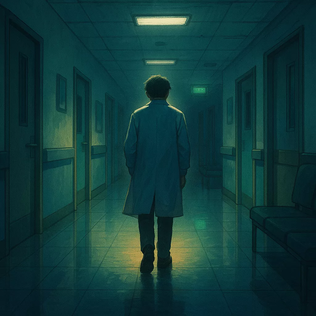 A doctor standing alone in a dim hospital hallway at night, soft glow from overhead lights, carrying emotional weight.