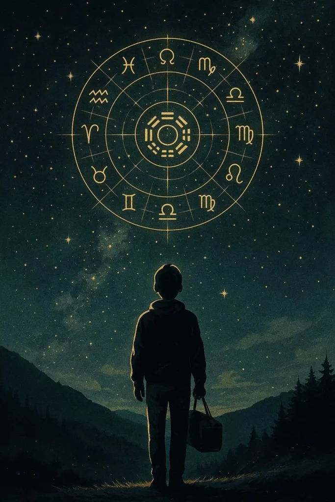 A lone figure sitting under the night sky, with faint constellations and algorithmic lines forming above.