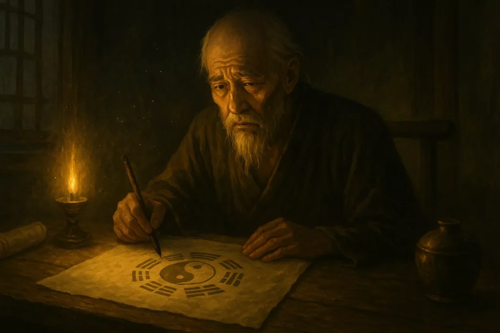 A lone figure sitting under the night sky, with faint constellations and algorithmic lines forming above.